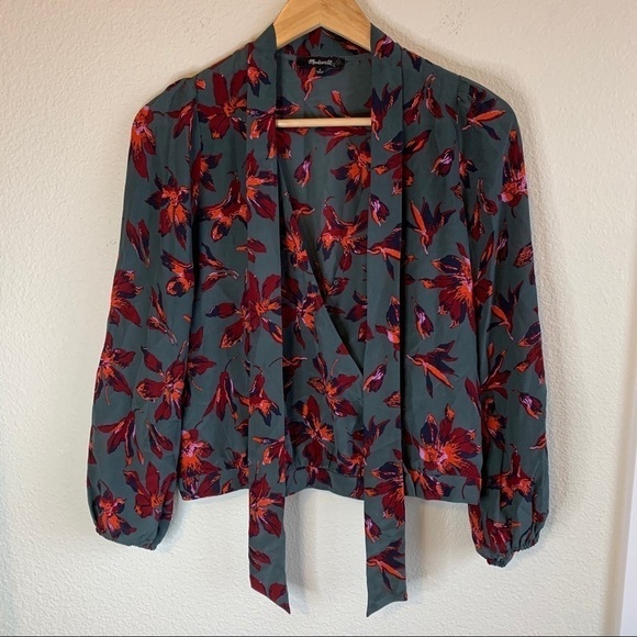 Madewell Silk Tie-Neck Floral 100% Silk Long Sleeve Wrap Top Women’s Size Small - Picture 4 of 10